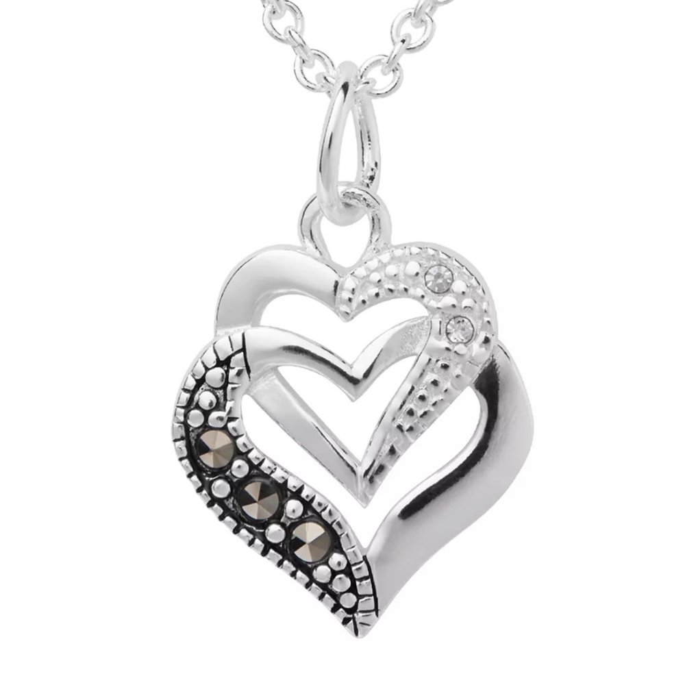 NWT! Elegant Marcasite Cubic Zirconia Set in Silver Plated Double Heart Pen…